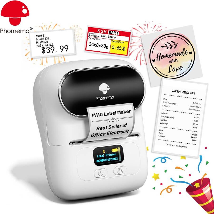 Phomemo 1pc Label Makers- M110 Wireless Label Printer With 1 Roll 40x30mm/ 1.57" X  1.18" Thermal Sticker Label, Sticker Printer For Store Owner, Small Business, Office, Address, Logo, Clothing, Mailing, Business Printer For Phones & PC, Mini Labeler For Barcode, Document, Product Information, Price Tags, Shipping Labels Printing, Label Maker Machine For IOS & Android, Portable Printer For Gift, Fast Printing Inkless Label Makers With 203dpi, Inkless Labeler Support 20-50mm/ 1"- 2" Thermal Label Size, Rechargable Label Maker In Poctable Size, Barcode Label Printer With Type-C Cable, New Year Gift For Everyone