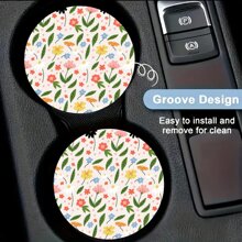2 pièces Dessous de verre de voiture motif floral et feuilles mignon, tapis anti-dérapant de voiture, pour garder vos porte-gobelets de voiture propres et secs, accessoires de voiture