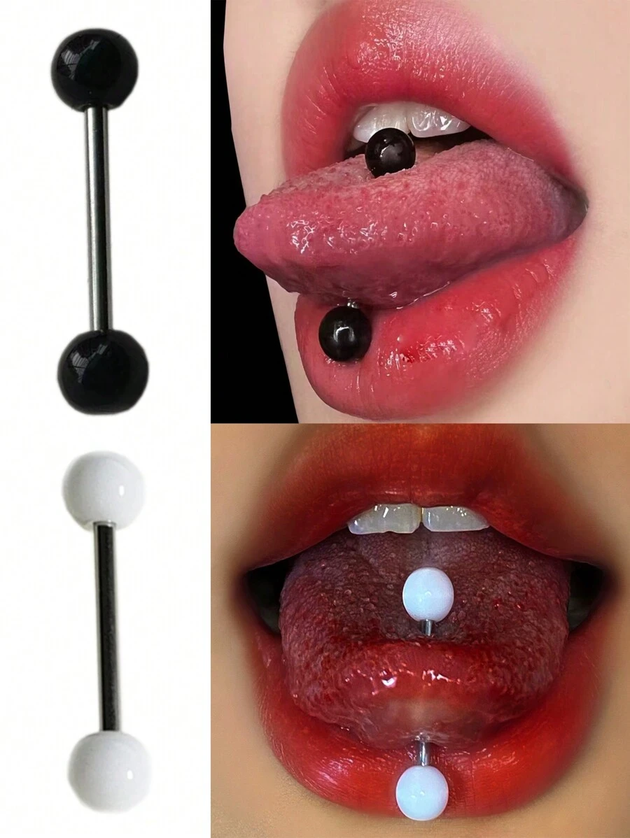 1pc Punk Acrylic Titanium Steel Tongue Piercing Stud With Double Ball Ends, White & Black, Unisex Tongue Ring Piercing Jewelry - 16mm - View 1