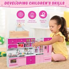5 In 1 Play Kitchen, Mini Kitchen Playset With Realistic Lights & Sounds, 57 PCS Toddler Kitchen Toy Accessories Incl Mini Food Toys, Doll House Pretend Play Toys For Kids Girls Age 3-5 - Hồng - Xem 7