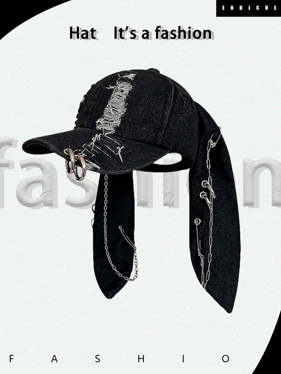 Y2k 帽子 新款牛仔兔耳朵帽子 韩版流行服饰 女士棒球帽 嘻哈帽 摇滚女孩帽 万圣节 - 黑色 - 查看 1