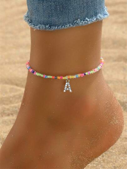 1pc Elegant Silver-Tone Crystal Studded Alphabet Letter Pendant Colorful Plastic Seed Bead Anklet, Fashionable Graceful Jewelry Accessory For Women