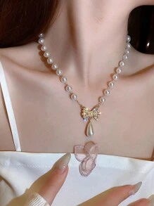 1 件仿珍珠复古简约风格轻奢项链青少年小众设计蝴蝶结仿珍珠项链，送给朋友的珠宝礼物 - 均碼 - 查看 6