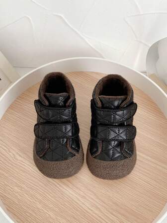 1 Pair Kids Solid Color PU Anti-Skid Round Toe Warm Lined Children Boots, Suitable For Autumn/Winter