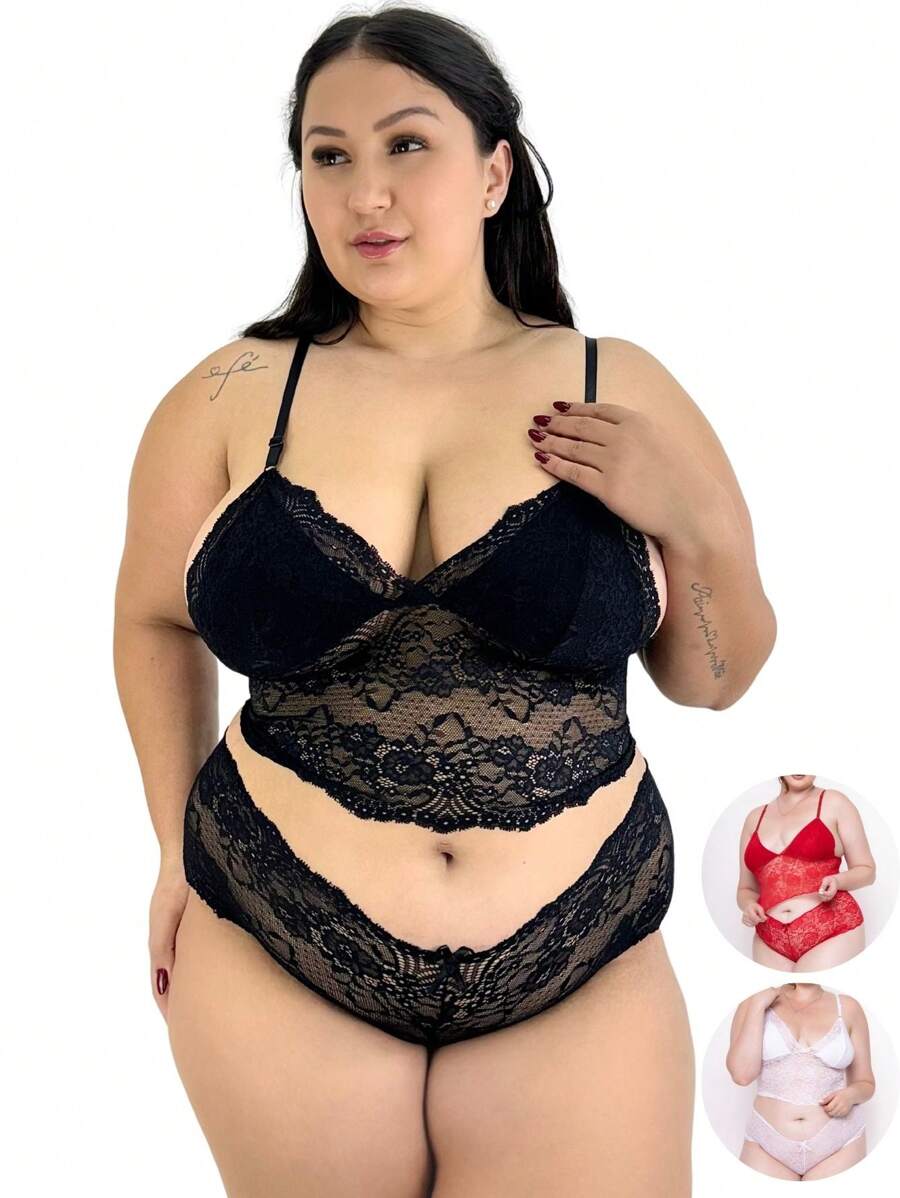 Kit 3 Lace Lingerie Set Wait Husband Sensual Plus Size Cropped And Panties Shorts Sexy Intimate Fashion Factory Promotion Resale - 彩色 - 查看 1