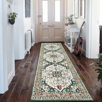 1pc Bohemian Style Green Floral Hallway Rug, Absorbent Non-Slip Kitchen Mat, Comfortable Bedside Rug, Hallway Carpet, Non-Slip Farmhouse Kitchen Mat, Cushioned Floor Mat, Suitable For Floors, Comfortable Standing Mat, Running Mat, Party & Home Decor Carpet, Indoor Entrance Doormat, Thick Kitchen Floor Mat, Non-Slip Kitchen Decorative Rug, Easy To Clean Entryway Welcome Mat, Anti-Fatigue Kitchen Floor Mat, Foam Mat, Suitable For Living Room, Dining Room, Kitchen, Sink Front, Indoor Entrance, Suitable For Parties, Holidays, Gatherings, Gifts, Banquets