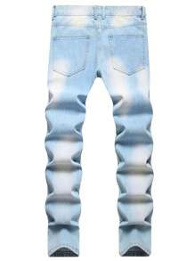 Jeans slim dritti con ricamo a poker color blu chiaro consumato, stile europeo e americano, per uomo