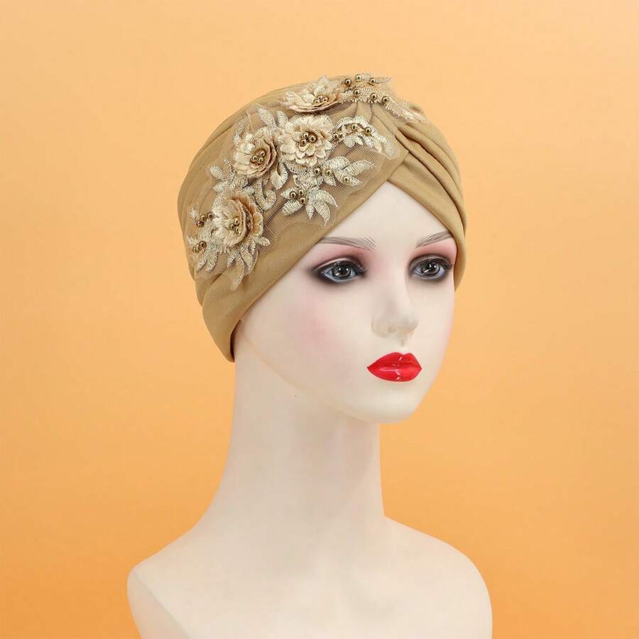 1pc Women Solid Color Embroidery Floral Decor Muslim Underscarf Cap, Versatile Party Wear - A - View 1