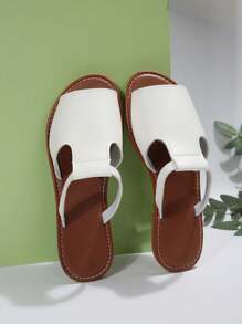 New Open Toe Hollow Out Leather Flat Sandals For Women, Comfortable Simple Round Toe Slides Casual Beach Slippers, Plus Size Summer Shoes - White - View 6