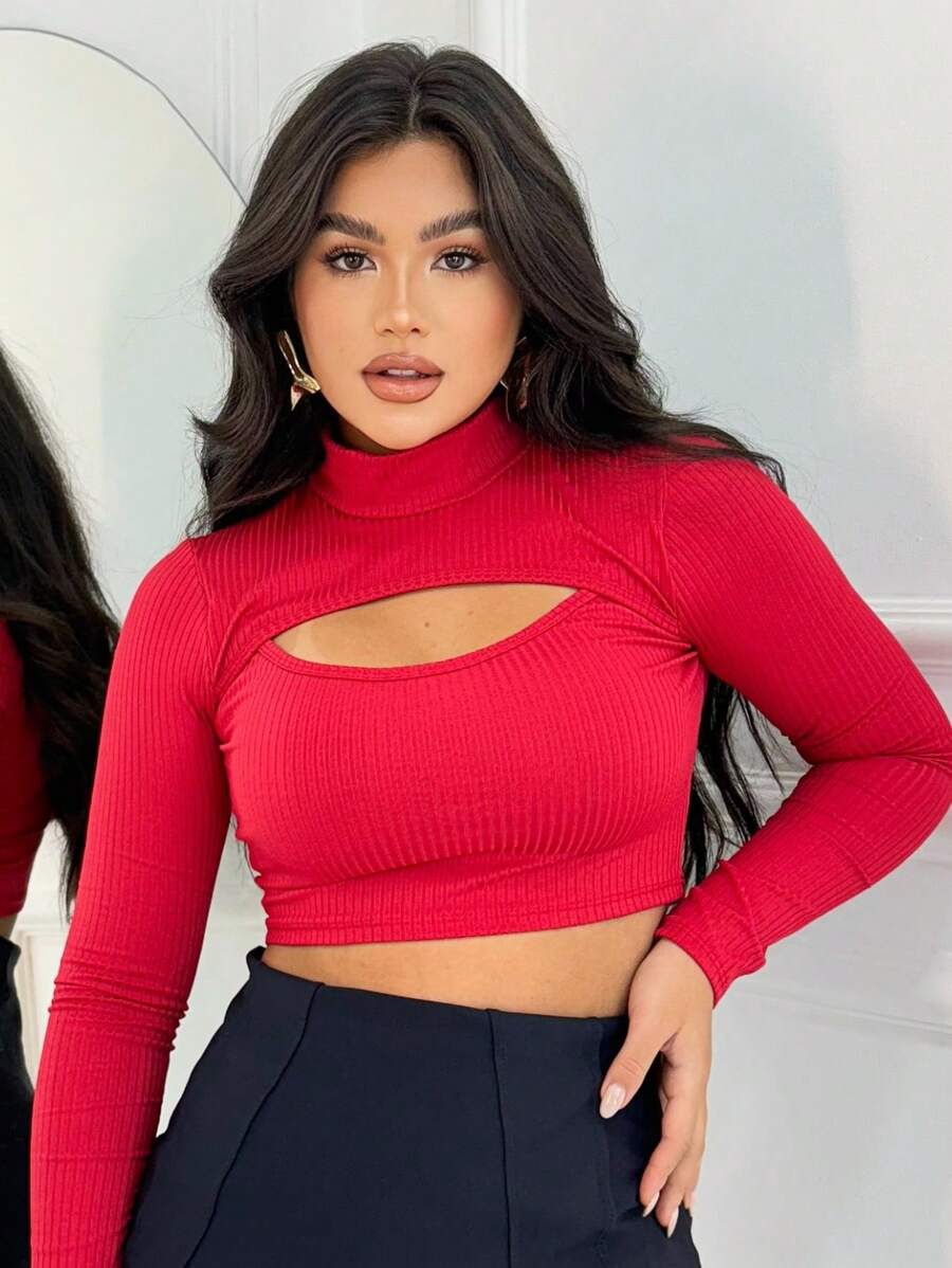 Women's Long Sleeve High Neck Crop Top - Red - View 1