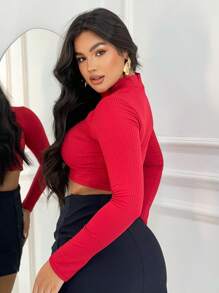 Women's Long Sleeve High Neck Crop Top - Red - View 4