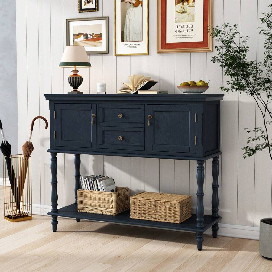 Console Table With 2 Drawers, Retro Entryway Table With 2 Door Cabinets And Open Storage Shelf, Narrow Long Sofa Table, Behind Couch Table For Living Room, Foyer And Hallway - 藍色 - 查看 1