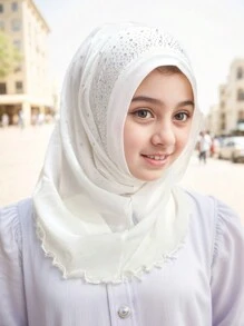 1pc Sequined Solid Color Elastic Convenient Beanie Headscarf For Girl, Handmade Chain Decor Hijab Turban Cap