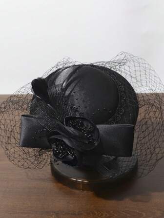 女士復古英式禮帽，優雅的晚宴和婚禮頭飾，帶有網紗面罩，適用於賽馬和跳舞，攝影拍攝，可選擇黑色、白色和粉色。