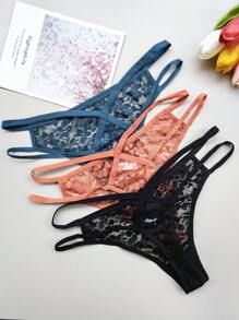 3 piezas de tanga para mujer de talla grande, de color liso, de cintura baja, transparente y con encaje calado