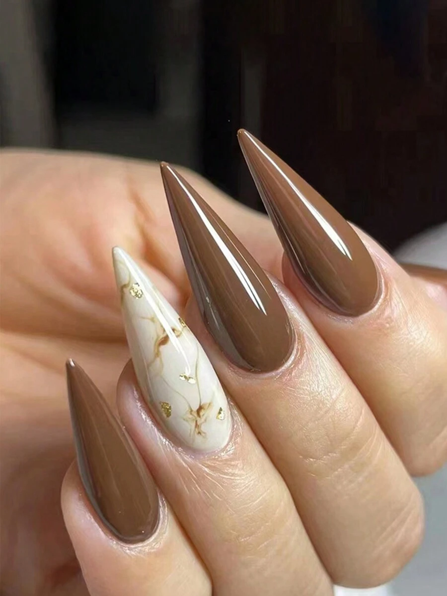 24 件杏仁形法式简约大理石假指甲、1 件指甲锉、1 件指甲凝胶头 - 彩色 - 查看 1