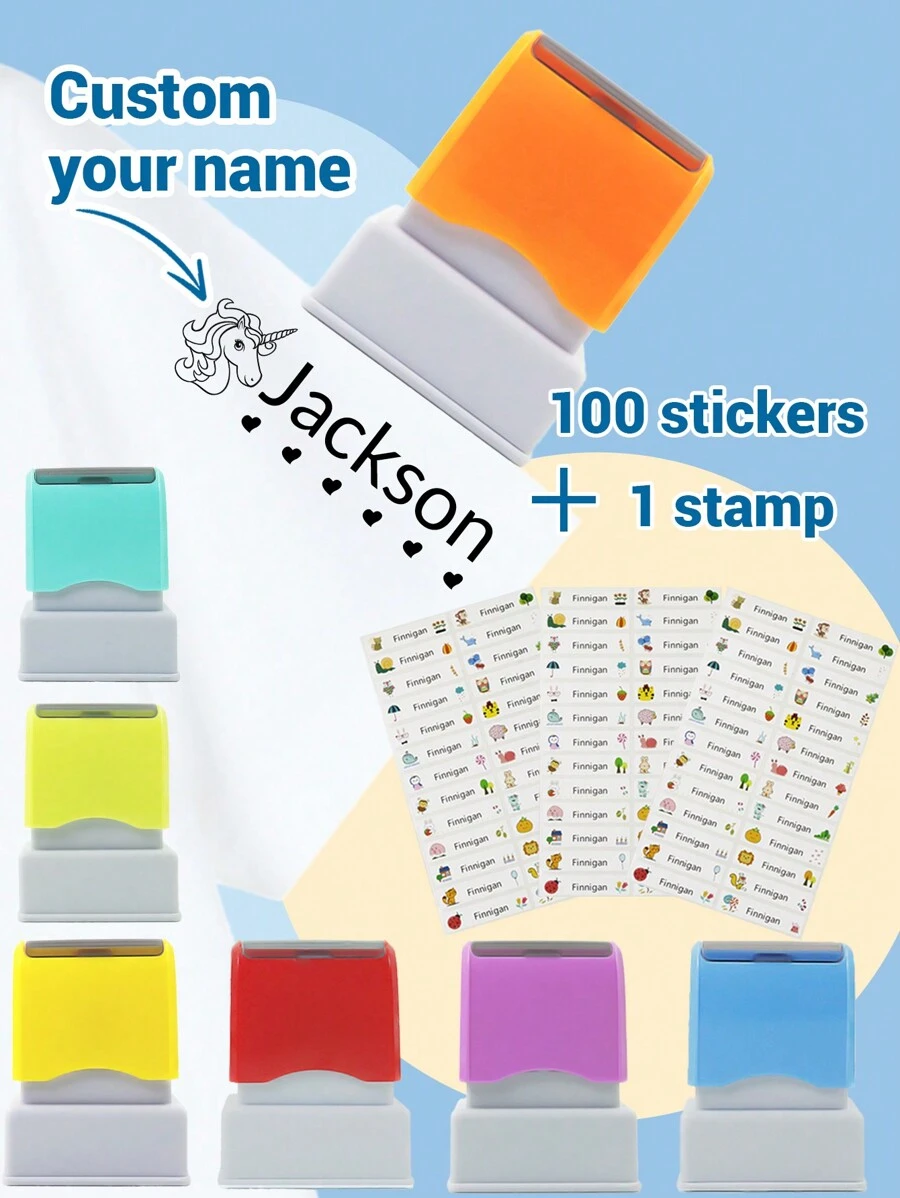 100 miếng dán tên và 1 con dấu tên hoạt hình cho quần áo trẻ em, con dấu tên chống thấm nước được cá nhân hóa cho học sinh và doanh nghiệp sử dụng, con dấu tên tùy chỉnh cho quần áo, con dấu chữ ký viết tay, nhãn tên, con dấu tên tự động đóng dấu hoạt hình tùy chỉnh tự làm cho học sinh, văn phòng phẩm quà tặng cá nhân