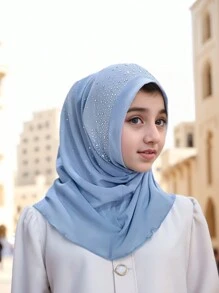 1pc Sequined Solid Color Elastic Convenient Beanie Headscarf For Girl, Handmade Chain Decor Hijab Turban Cap