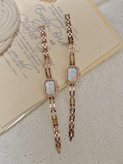 1pc Elegant Petite Luxury Women's Quartz Watch With Gold-Tone Case, Rhinestone Accents, Pearl Dial, Hollow Stainless Steel Band, Vintage Chic & Versatile, Water Resistant