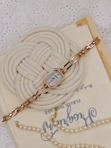 1 件奢华女士手表，金色色调，法式时尚设计，优雅，小巧，水钻装饰，珍珠表盘，镂空不锈钢表带，简约，复古风格，防水，石英机芯，适合休闲、节日、派对穿着，礼物创意 - 金色 - 查看 8