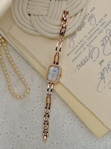 1 件奢华女士手表，金色色调，法式时尚设计，优雅，小巧，水钻装饰，珍珠表盘，镂空不锈钢表带，简约，复古风格，防水，石英机芯，适合休闲、节日、派对穿着，礼物创意 - 金色 - 查看 6