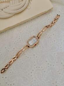 1 件奢华女士手表，金色色调，法式时尚设计，优雅，小巧，水钻装饰，珍珠表盘，镂空不锈钢表带，简约，复古风格，防水，石英机芯，适合休闲、节日、派对穿着，礼物创意 - 金色 - 查看 7