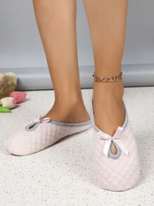 可爱拼色保暖室内拖鞋，一脚蹬圆头防滑软底毛绒拖鞋，蓬松舒适鞋子 - 粉色 - 查看 2