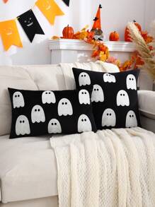 1 pièce Housse de coussin en velours avec broderie de fantôme d'Halloween, décoration de maison pour le salon et la chambre à coucher - Rose bonbon - Voir 4