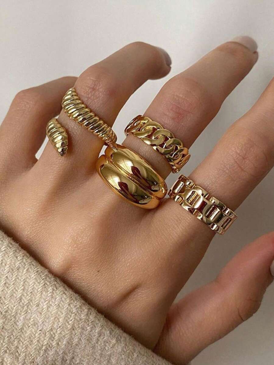 4 件套复古蛇形设计粗带指节戒指套装 - 金色 - 查看 1