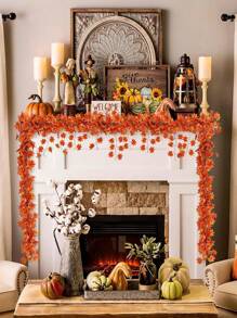 1/6/12/24pcs Artificial Autumn Leaf Wreath, Ivy Hanging Vine Garland, Fake Maple Leaf Wreath For Halloween Thanksgiving Holiday Decor, Home Wedding Fireplace Party, Fall Home Decoration Halloween Decor Room Decor,Fake Plants