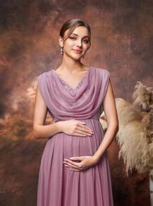 Faeriesty Dressalisa Maternity Draped Neckline Contrast Sequin Formal Party Dress - Dusty Pink - View 6