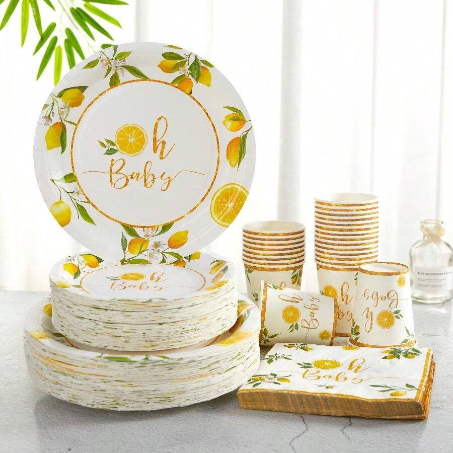 Conjunto de artículos para fiestas con limones, incluye platos, vasos, servilletas desechables de papel y decoraciones para fiestas con tema de limón, para cumpleaños, celebraciones, regalos, Navidad - Multicolor - Ver 1