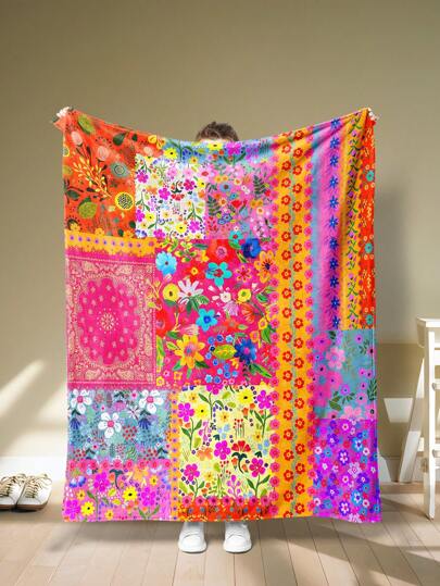 1 Stück - Boho-Stil Ditsy Blumen Flanell Decke, moderner Stil Polyester & Acryl Rechteck Decke geeignet für mehrere Szenarien