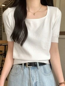 Áo len dệt kim cổ vuông màu trơn tay ngắn thường ngày ôm vừa vặn cho nữ, đa năng hàng ngày - trắng - Xem 2