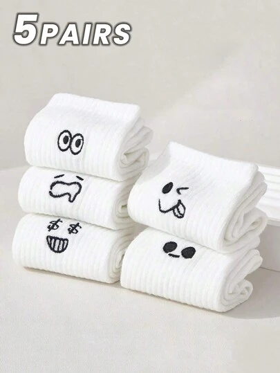 5 双女士休闲卡通刺绣透气柔软踝袜，适合秋冬季