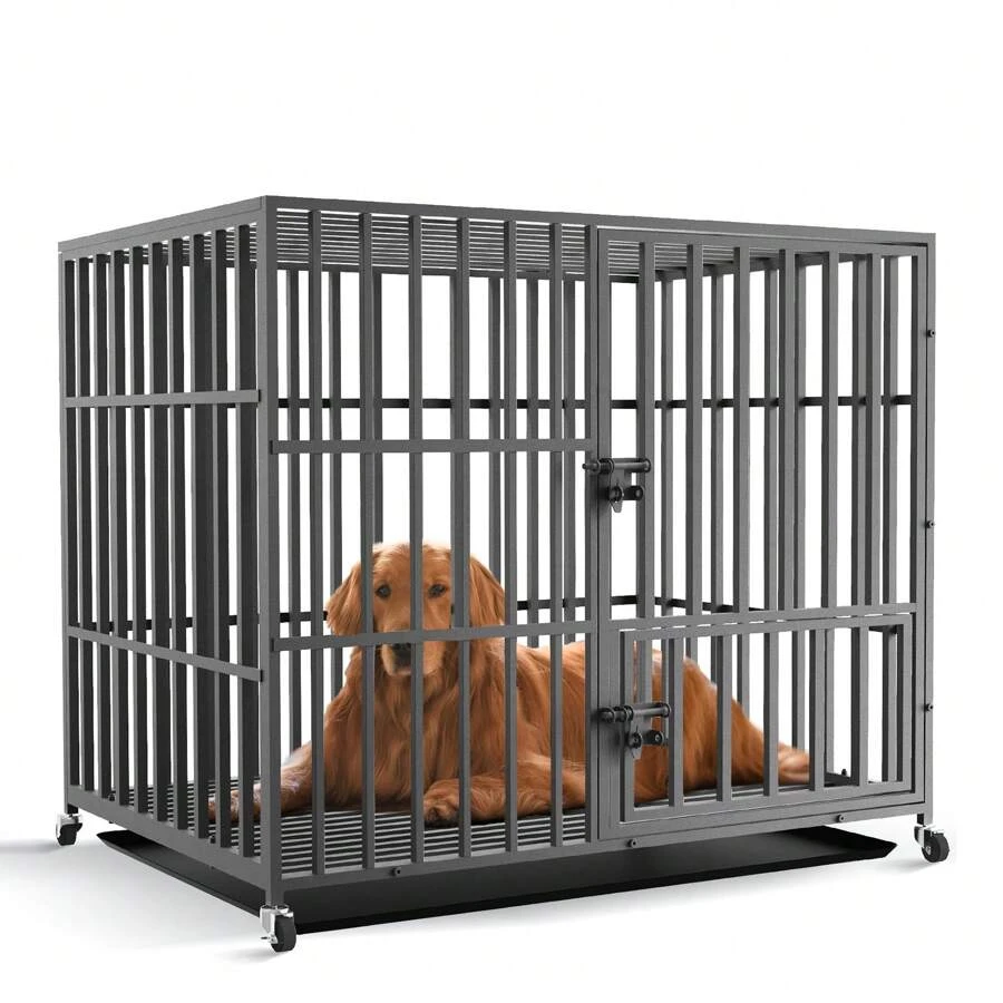 BingoPaw Heavy Duty Dog Crate, Large Pet Cage Moveable With Tear Resistant Square Tube, Two Prevent Escape Lock And Removeable Tray