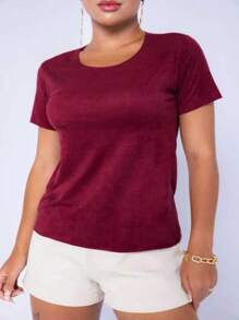 SUEDE Blouse Women's Suede T Shirt Casual Fashion - 酒紅色 - 查看 1