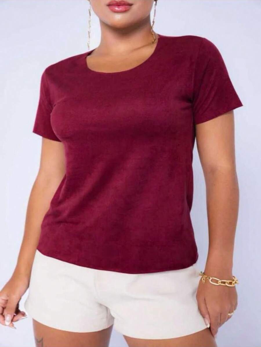 SUEDE Blouse Women's Suede T Shirt Casual Fashion - 酒紅色 - 查看 1
