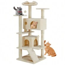 OLIXIS Cat Tree Tower For Indoor Cats, 54in Tall Multi-Level Pet Furniture, Kitty Play House With Sisal Scratching Post, Large Condo, Climbing Ladder, Plush Toy For Kitten, Anti-Tilt, Beige - 米色 - 查看 1