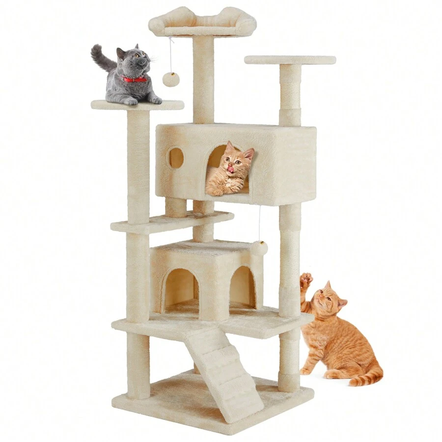 OLIXIS Cat Tree Tower For Indoor Cats, 54in Tall Multi-Level Pet Furniture, Kitty Play House With Sisal Scratching Post, Large Condo, Climbing Ladder, Plush Toy For Kitten, Anti-Tilt, Beige - 米色 - 查看 1