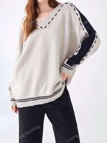 Women's French Trim V-Neck Long Sleeve Knit Pullover Sweater, Autumn/Winter