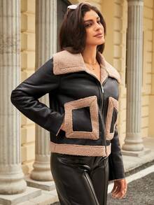 RELISH NOLESS Black Collar Zipper Fluffy Lined Jacket - Black - View 2