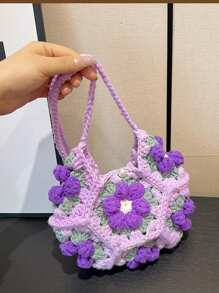 [手工制作] 双面泡泡花拼布迷你斜挎包，手工编织钩针甜美针织手机和钥匙包 - 紫色 - 查看 3