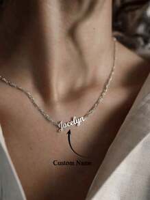 1 件女士个性化名字项链时尚不锈钢珠宝费加罗链项链情人节礼物节日派对配饰定制字母名字吊坠颈链 - 銀色 - 查看 3