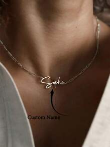 1 件女士个性化名字项链时尚不锈钢珠宝费加罗链项链情人节礼物节日派对配饰定制字母名字吊坠颈链 - 銀色 - 查看 2