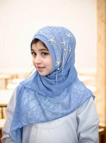 1pc Malaysian Tasseled Solid Color Beaded Floral Shawl Scarf Head Wrap, Elastic Turban Style, Muslim Headwear