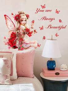 1pc Cute Fairy Butterfly Girl With English Slogan Wall Sticker Decal For Living Room, Bedroom Decor - Multicolor - View 14