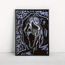 Ghostface Canvas Art Print, Modern Decorative Art Style Black & White Cartoon Poster, Vintage Unframed Wall Art Decor For Home, Office, Living Room, Bedroom - Ink Minimalist Illustration For Halloween Decoration, Wall Art With Frame Home Decor Fall Decor Room Decor