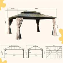 12x16ft Hardtop Gazebo, Permanent Outdoor Gazebo With Polycarbonate Double Roof, Aluminum Gazebo Pavilion With Curtain And Net For Garden, Patio, Lawns, Deck, Backyard(Brown) - Brown - View 3