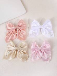 4pcs Pearl Hair Bow Clips For Kids,Ribbon Bow Hairpins With Tails, Silk Satin Pearl Hair Clips For Girls,Simple Hair Barrettes,Hair Accessories For Girls - Multicolor - View 5